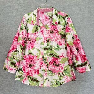 Adrian Delafield Floral Gingham Shirt Womens XL Button Up Easter Spring Country